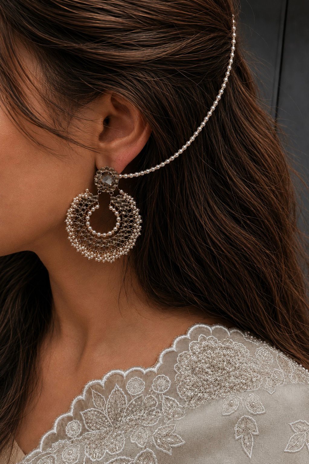 Pearl Chandbali Ear Chain