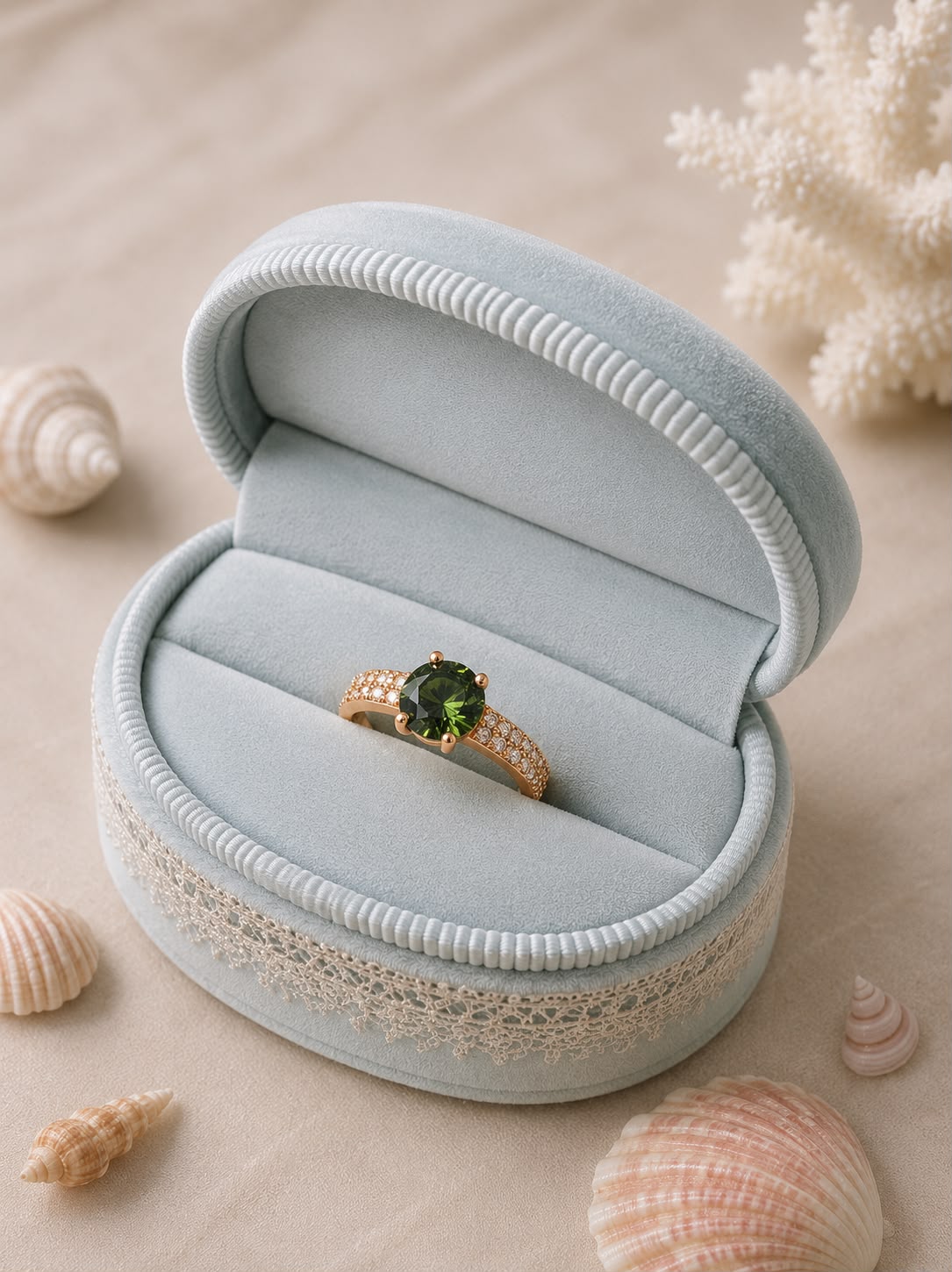 A gold ring with a green gemstone and small clear stones, displayed in an open light blue velvet ring box on a beige surface with seashells and coral props.